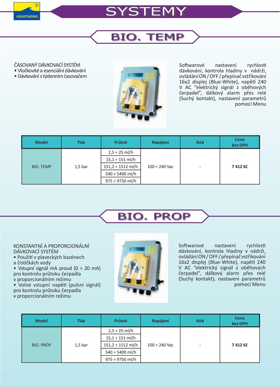 vstřikování 16x2 displej (Blue-White), napětí 240 V AC elektrický signál z oběhových čerpadel, dálkový alarm přes relé (Suchý kontakt), nastavení parametrů pomocí Menu Model Tlak Průtok Napájení Kód