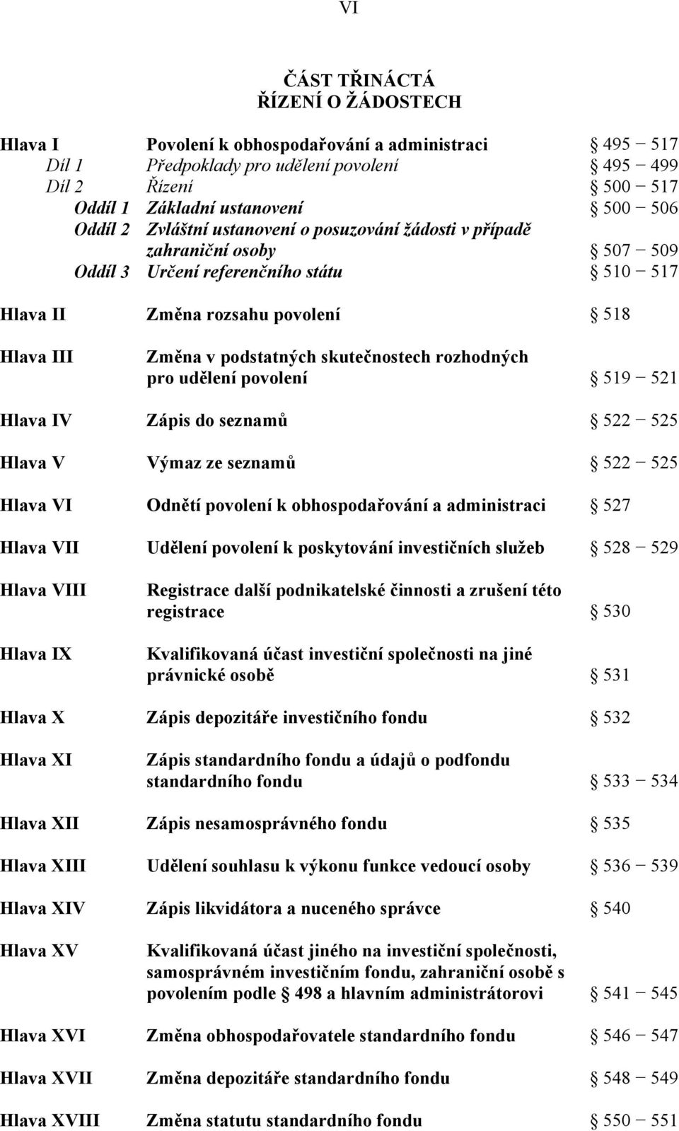 skutečnostech rozhodných pro udělení povolení 519 521 Hlava IV Zápis do seznamů 522 525 Hlava V Výmaz ze seznamů 522 525 Hlava VI Odnětí povolení k obhospodařování a administraci 527 Hlava VII