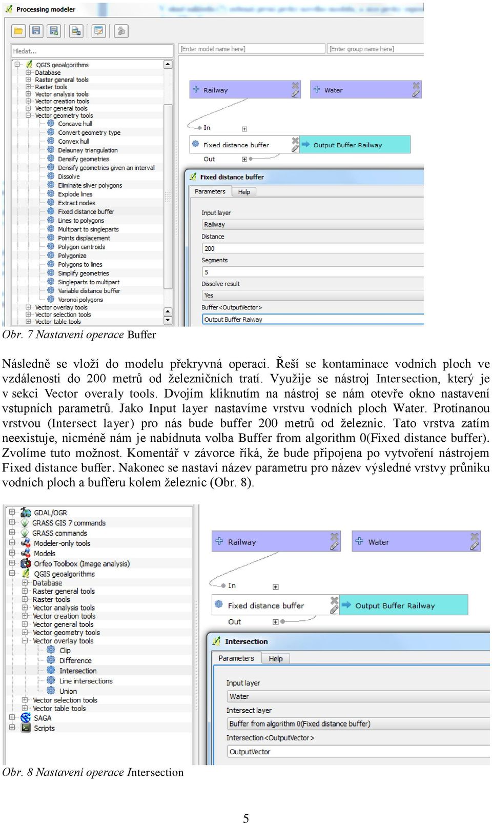 Jako Input layer nastavíme vrstvu vodních ploch Water. Protínanou vrstvou (Intersect layer) pro nás bude buffer 200 metrů od železnic.