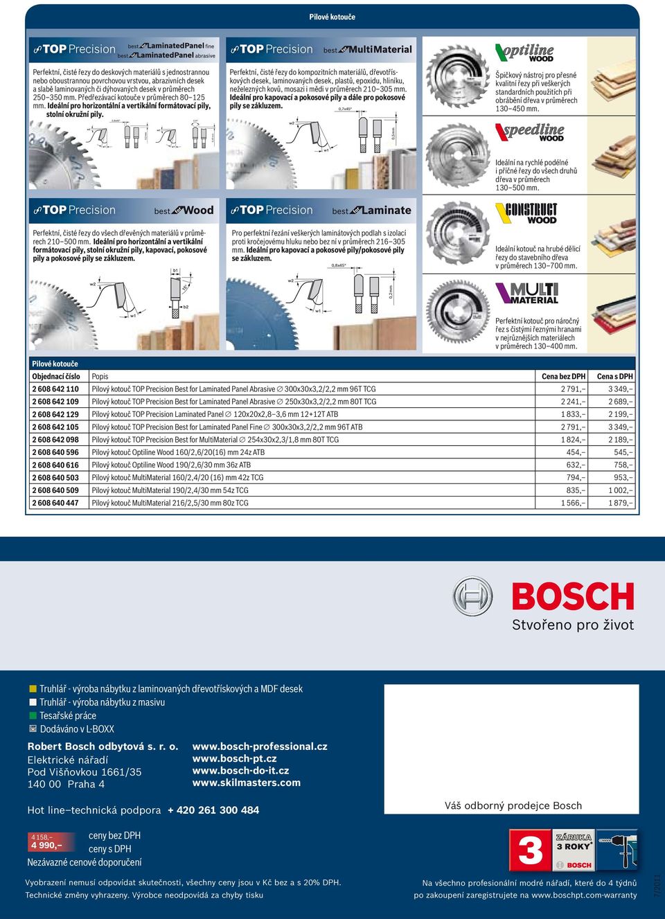 0,8x45 124 Perfektní, čisté řezy do kompozitních materiálů, dřevotřískových desek, laminovaných desek, plastů, epoxidu, hliníku, neželezných kovů, mosazi i mědi v průměrech 210 305 mm.