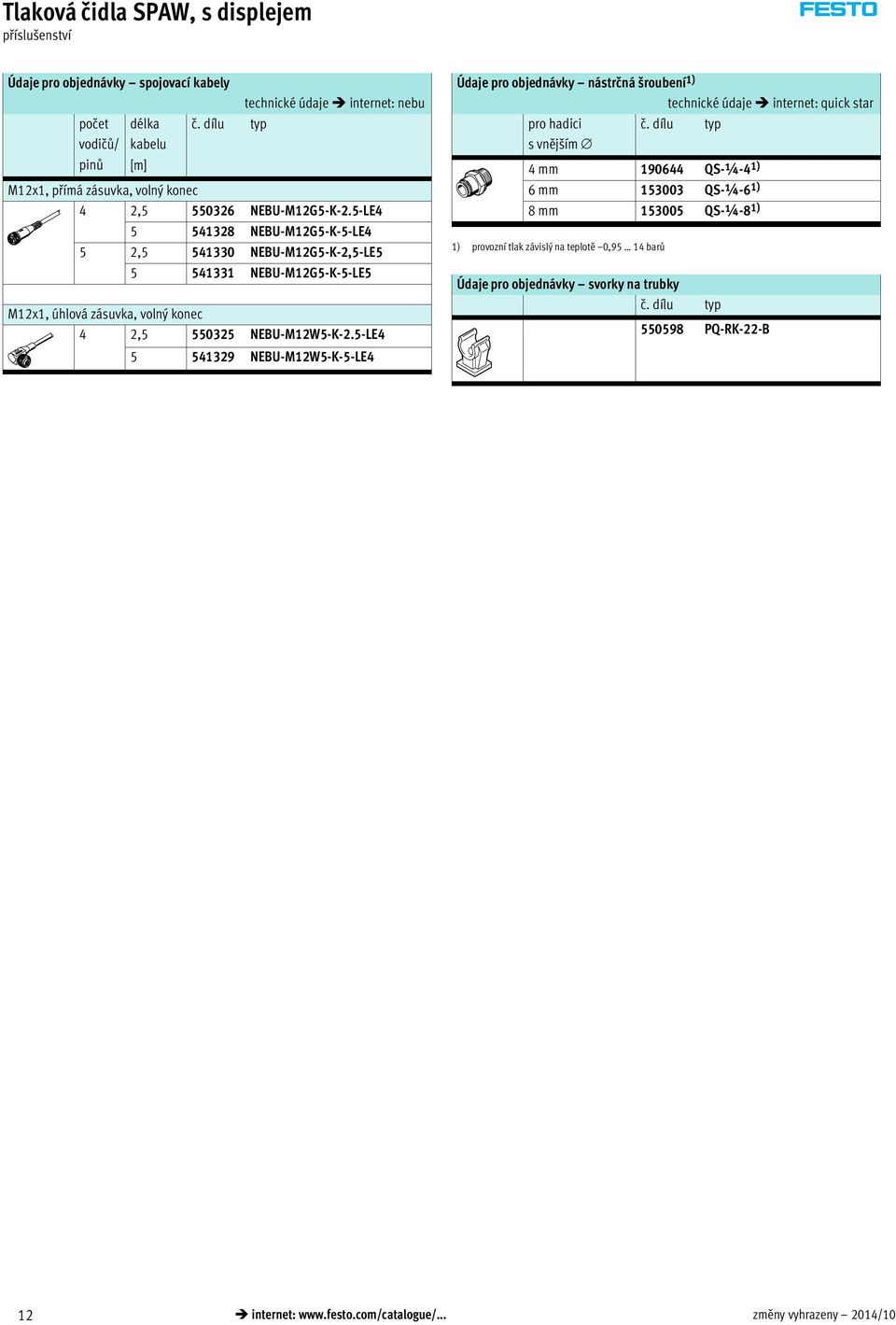 5-LE4 5 541329 NEBU-M12W5-K-5-LE4 Údaje pro objednávky nástrčná šroubení 1) internet: quick star pro hadici s vnějším č.