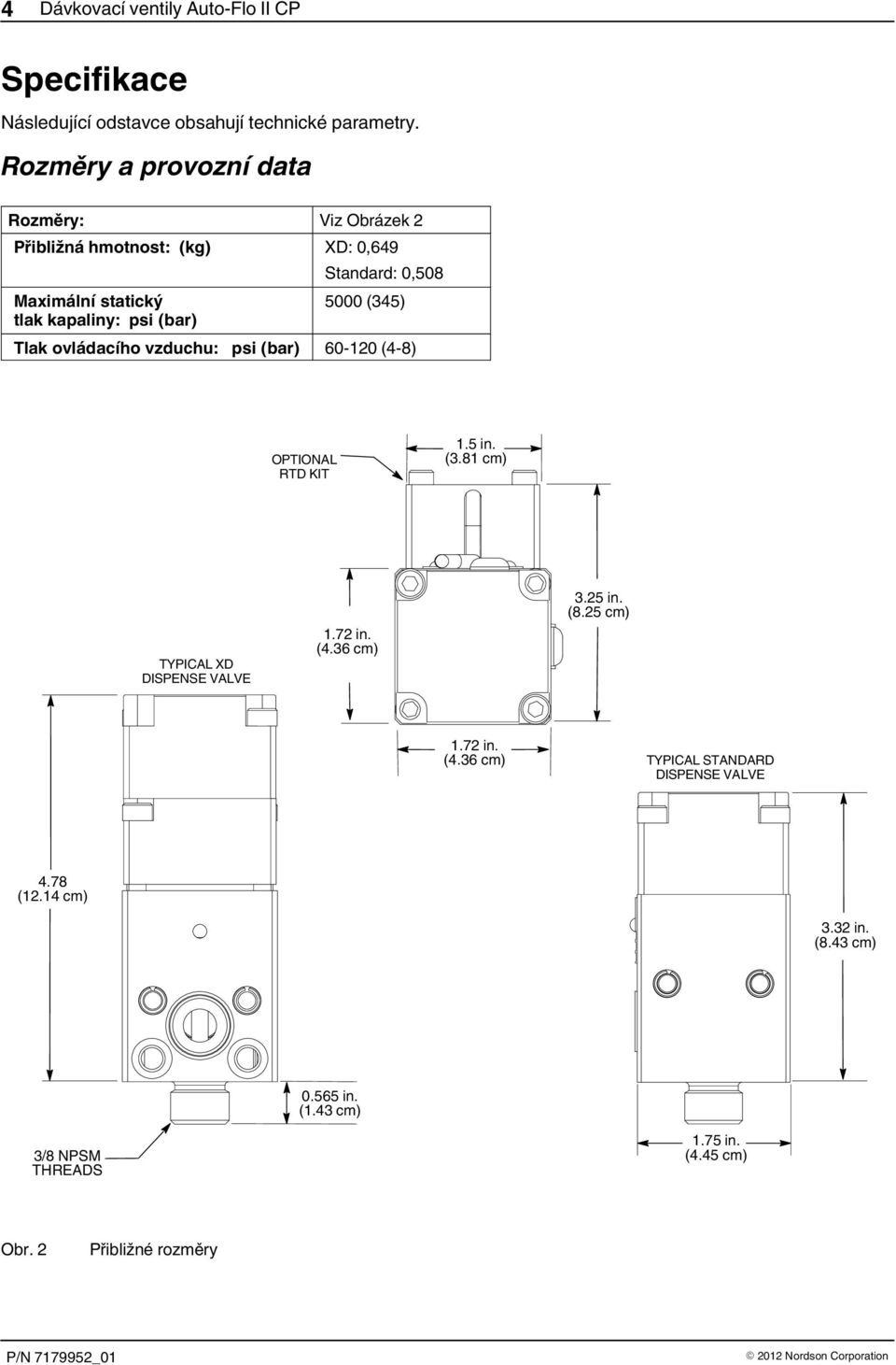 (bar) Tlak ovládacího vzduchu: psi (bar) 60-120 (4-8) OPTIONAL RTD KIT 1.5 in. (3.81 cm) TYPICAL XD DISPENSE VALVE 1.72 in. (4.36 cm) 3.25 in. (8.