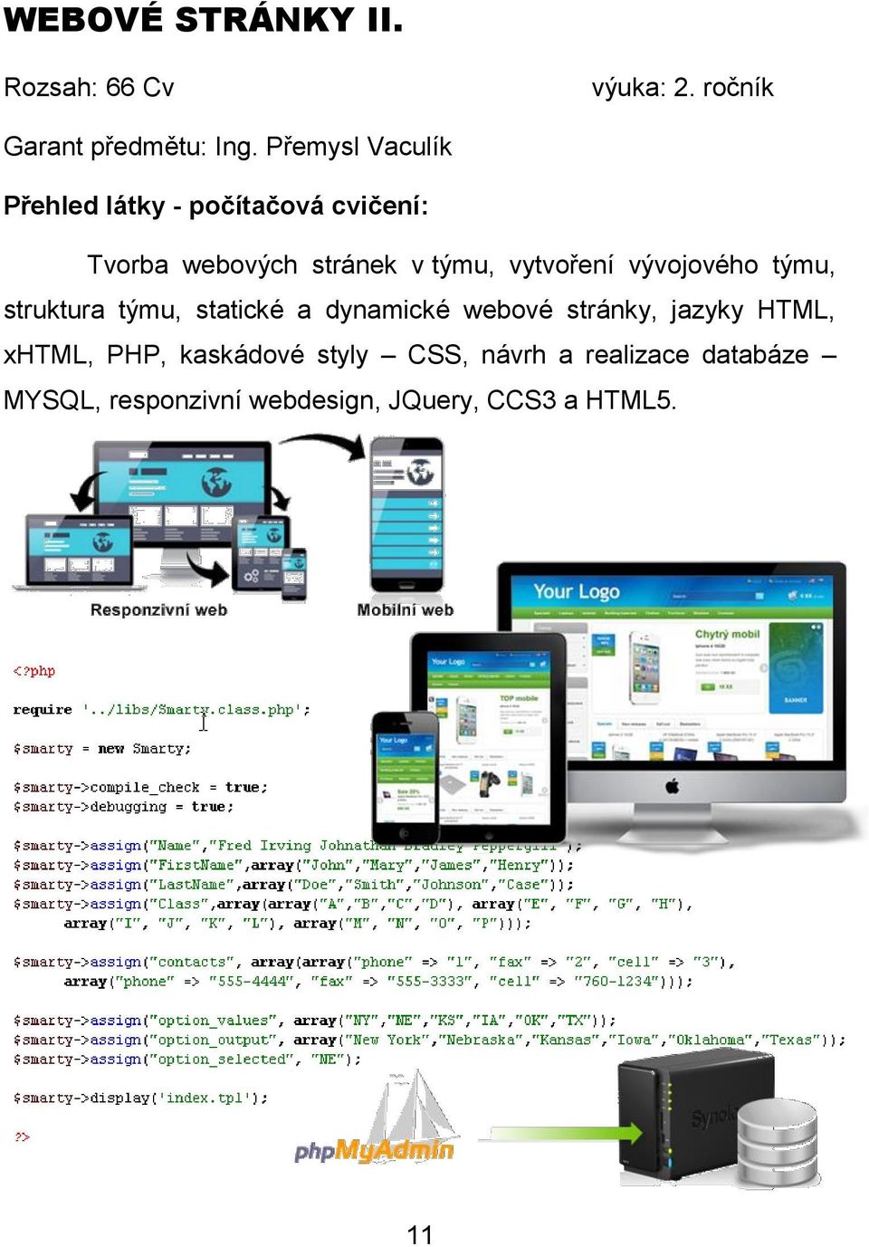 struktura týmu, statické a dynamické webové stránky, jazyky HTML, xhtml, PHP,