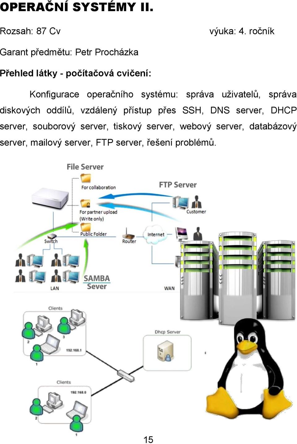 uţivatelů, správa diskových oddílů, vzdálený přístup přes SSH, DNS server, DHCP