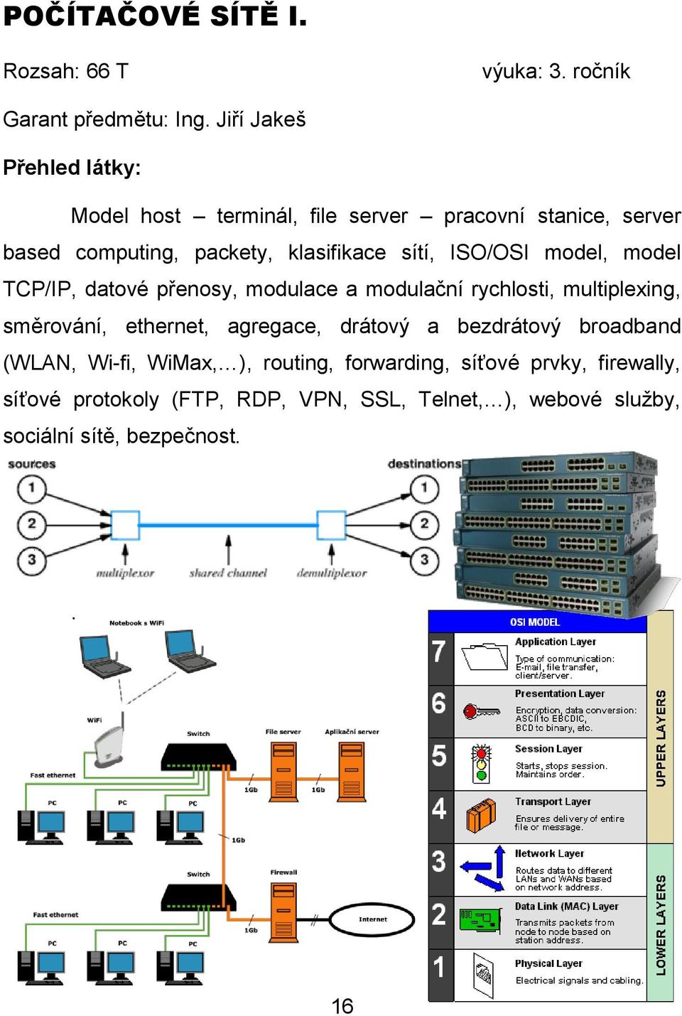 ISO/OSI model, model TCP/IP, datové přenosy, modulace a modulační rychlosti, multiplexing, směrování, ethernet, agregace,