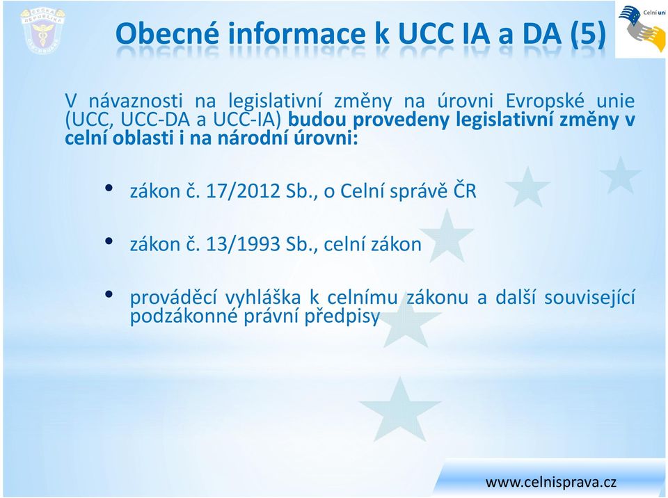 oblasti i na národní úrovni: zákon č. 17/2012 Sb., o Celní správě ČR zákon č.