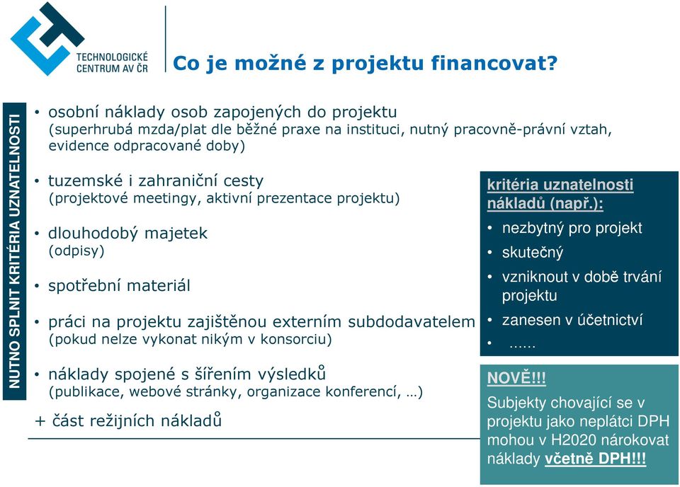 zahraniční cesty (projektové meetingy, aktivní prezentace projektu) dlouhodobý majetek (odpisy) spotřební materiál práci na projektu zajištěnou externím subdodavatelem (pokud nelze vykonat nikým