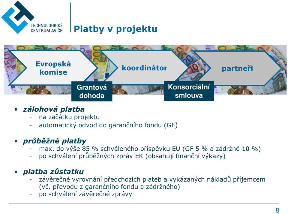 do výše 85 % schváleného příspěvku EU (GF 5 % a zádržné 10 %) - po schválení průběžných zpráv EK (obsahují finanční