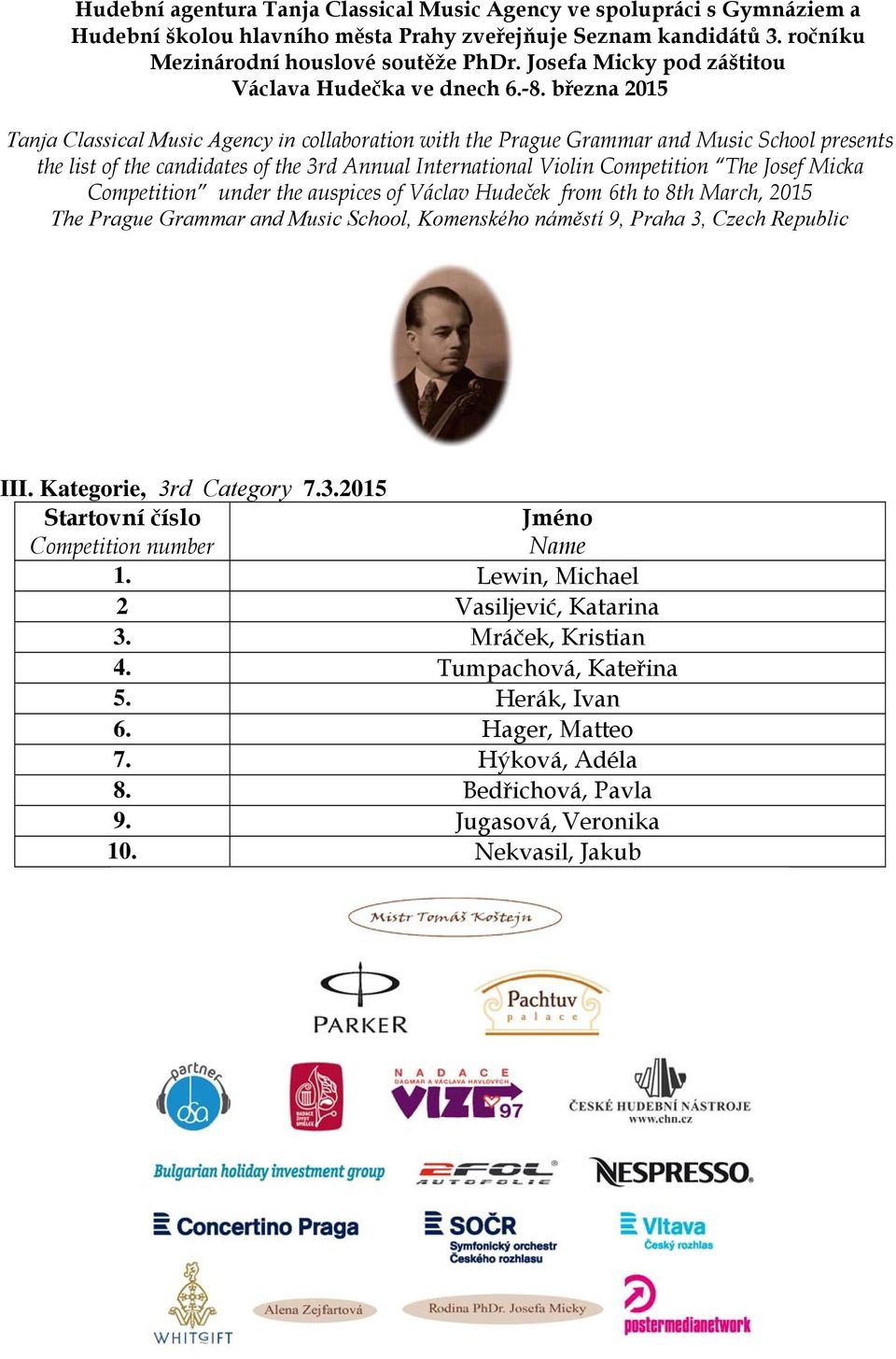 Lewin, Michael 2 Vasiljević, Katarina 3. Mráček, Kristian 4. Tumpachová, Kateřina 5. Herák, Ivan 6.