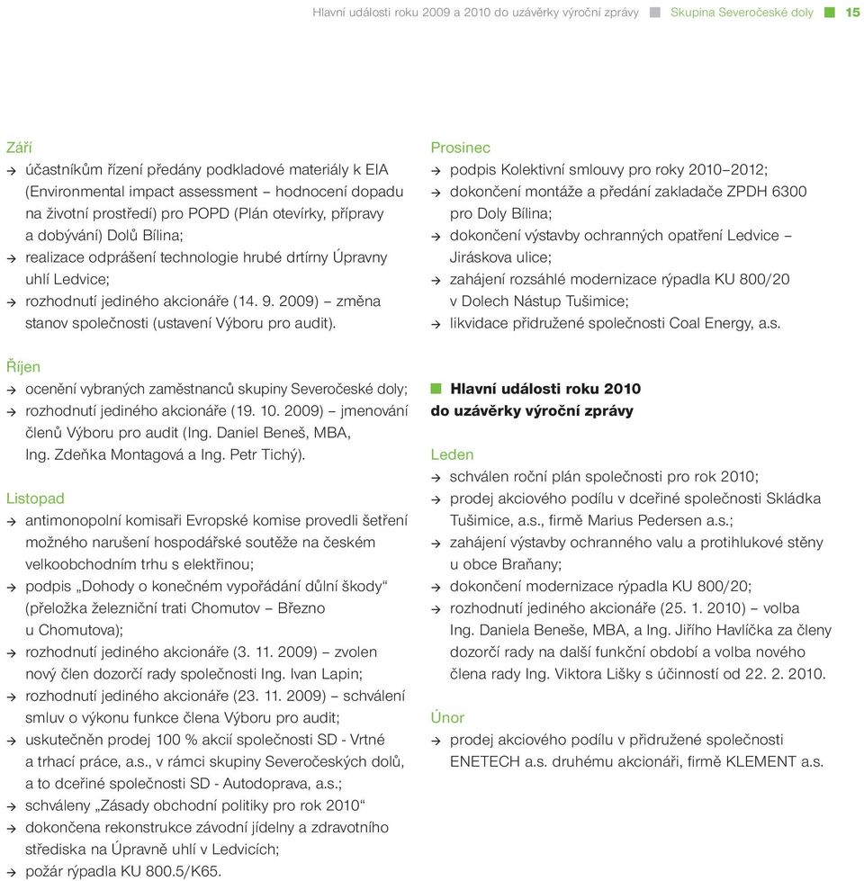 2009) změna stanov společnosti (ustavení Výboru pro audit). Říjen ocenění vybraných zaměstnanců skupiny Severočeské doly; rozhodnutí jediného akcionáře (19. 10.