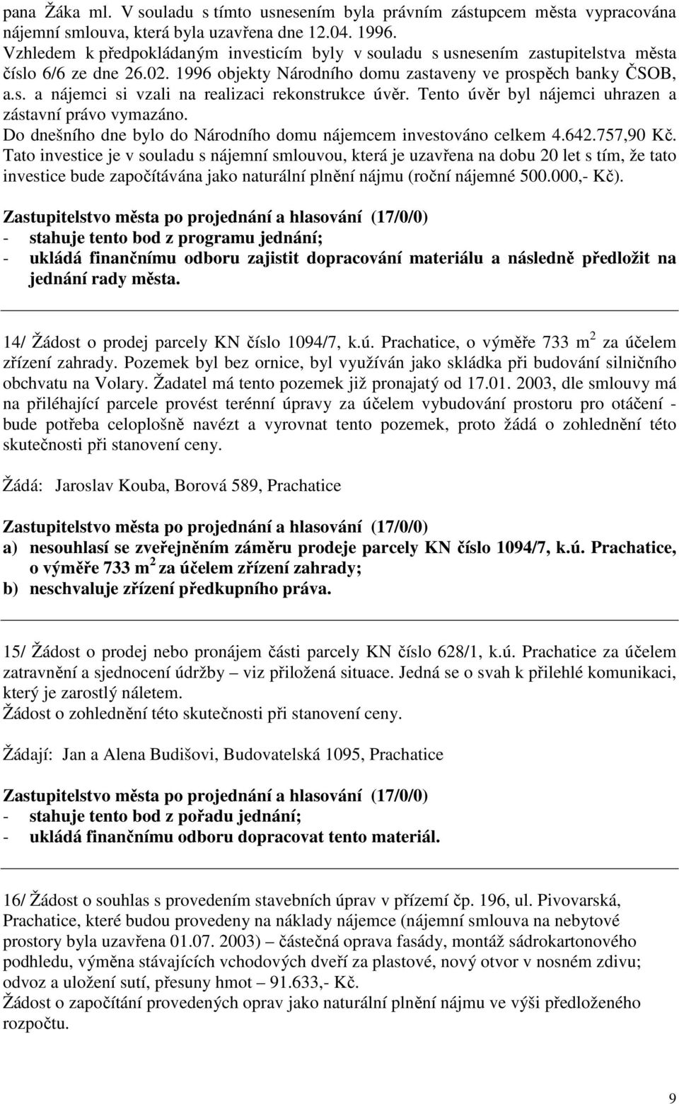 Tento úvěr byl nájemci uhrazen a zástavní právo vymazáno. Do dnešního dne bylo do Národního domu nájemcem investováno celkem 4.642.757,90 Kč.