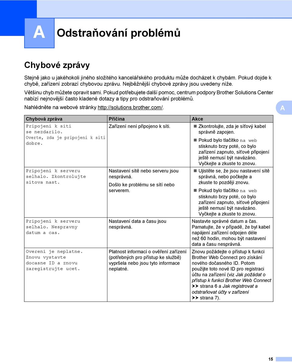 Pokud potřebujete další pomoc, centrum podpory Brother Solutions Center nabízí nejnovější často kladené dotazy a tipy pro odstraňování problémů. Nahlédněte na webové stránky http://solutions.brother.