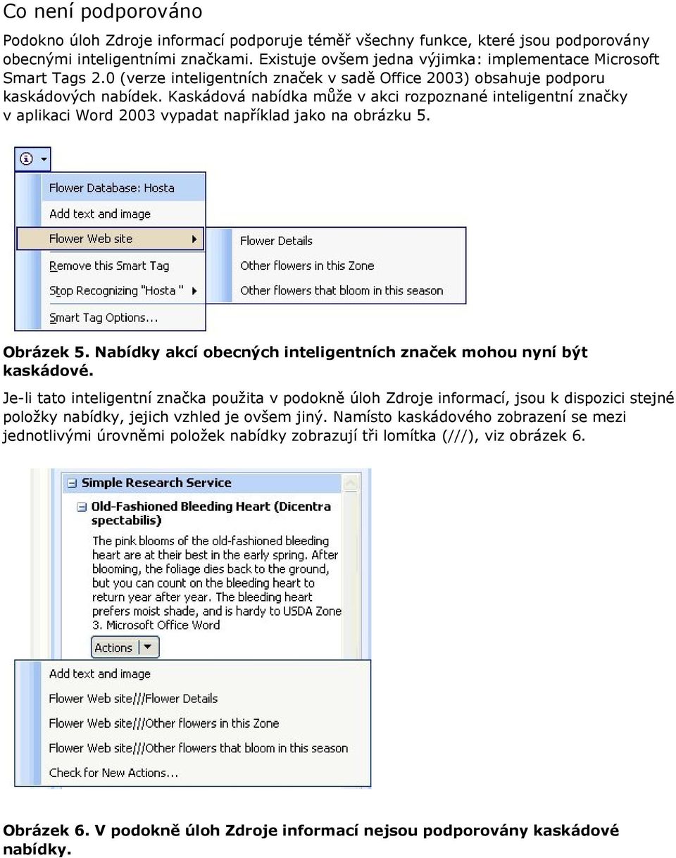 Kaskádová nabídka může v akci rozpoznané inteligentní značky v aplikaci Word 2003 vypadat například jako na obrázku 5. Obrázek 5. Nabídky akcí obecných inteligentních značek mohou nyní být kaskádové.