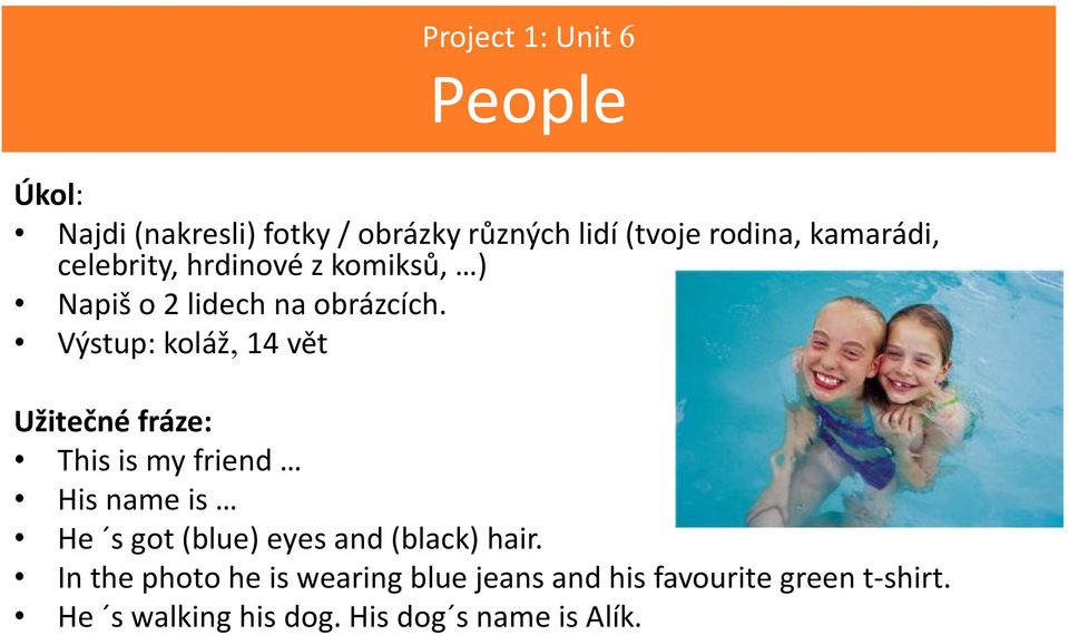 Výstup: koláž, 14 vět Užitečné fráze: This is my friend His name is He s got (blue) eyes and