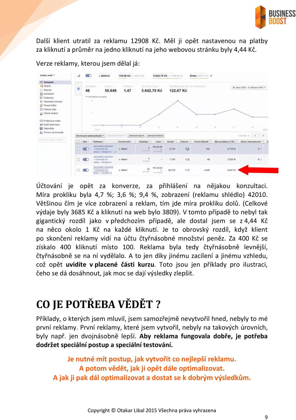 Většinou čím je více zobrazení a reklam, tím jde míra prokliku dolů. (Celkové výdaje byly 3685 Kč a kliknutí na web bylo 3809).