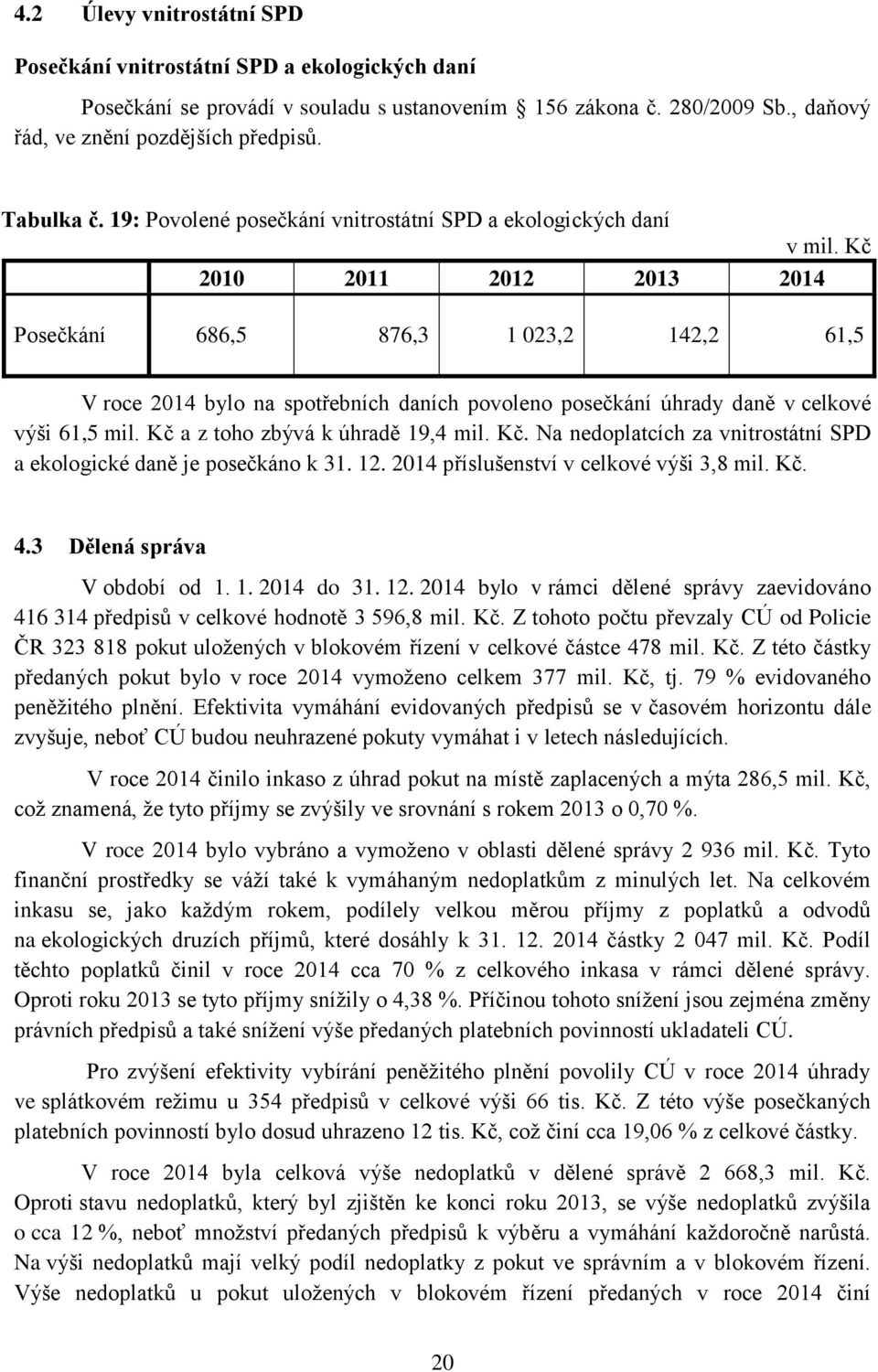 Kč 2010 2011 2012 2013 2014 Posečkání 686,5 876,3 1 023,2 142,2 61,5 V roce 2014 bylo na spotřebních daních povoleno posečkání úhrady daně v celkové výši 61,5 mil. Kč a z toho zbývá k úhradě 19,4 mil.