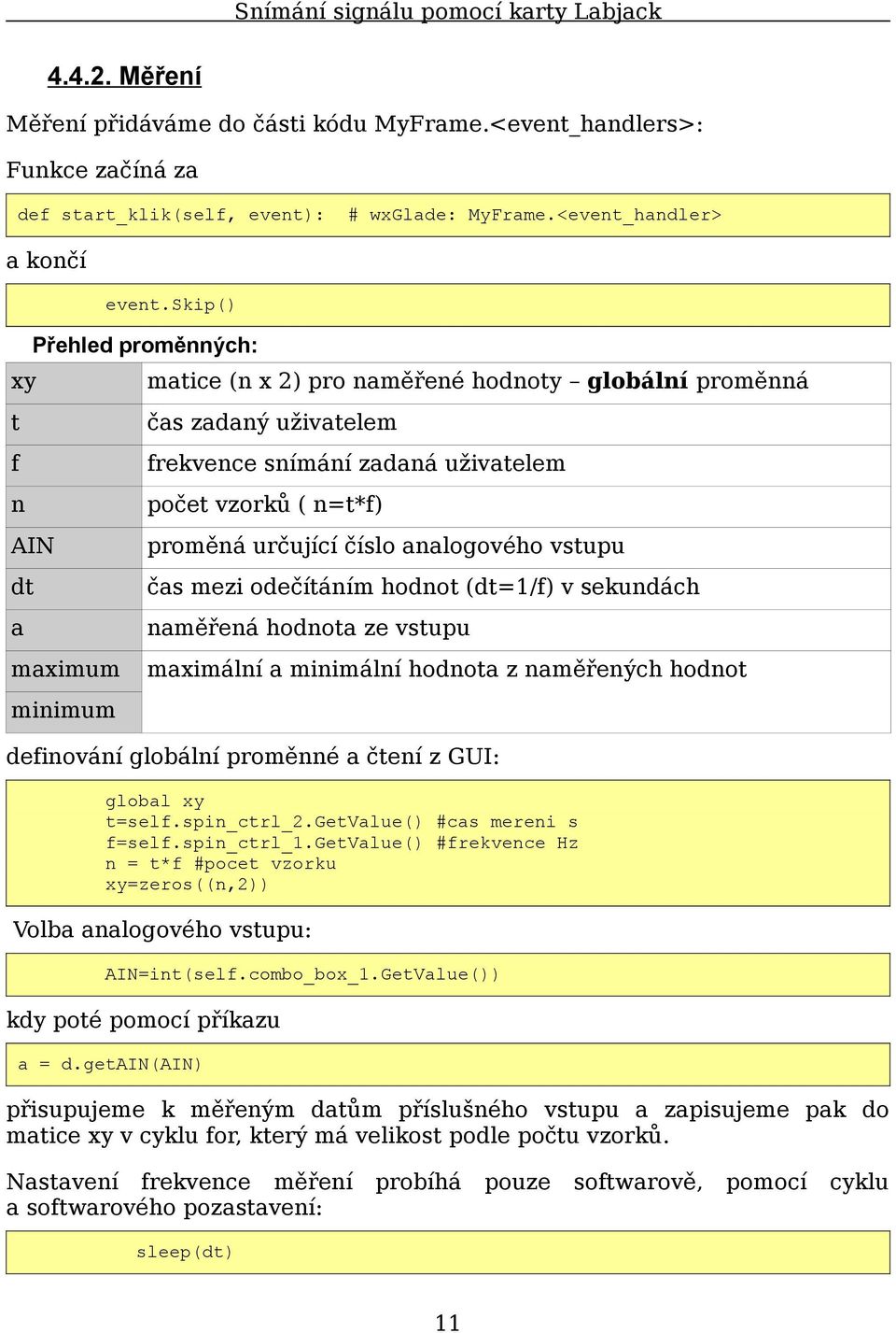 určující číslo analogového vstupu čas mezi odečítáním hodnot (dt=1/f) v sekundách naměřená hodnota ze vstupu maximální a minimální hodnota z naměřených hodnot definování globální proměnné a čtení z