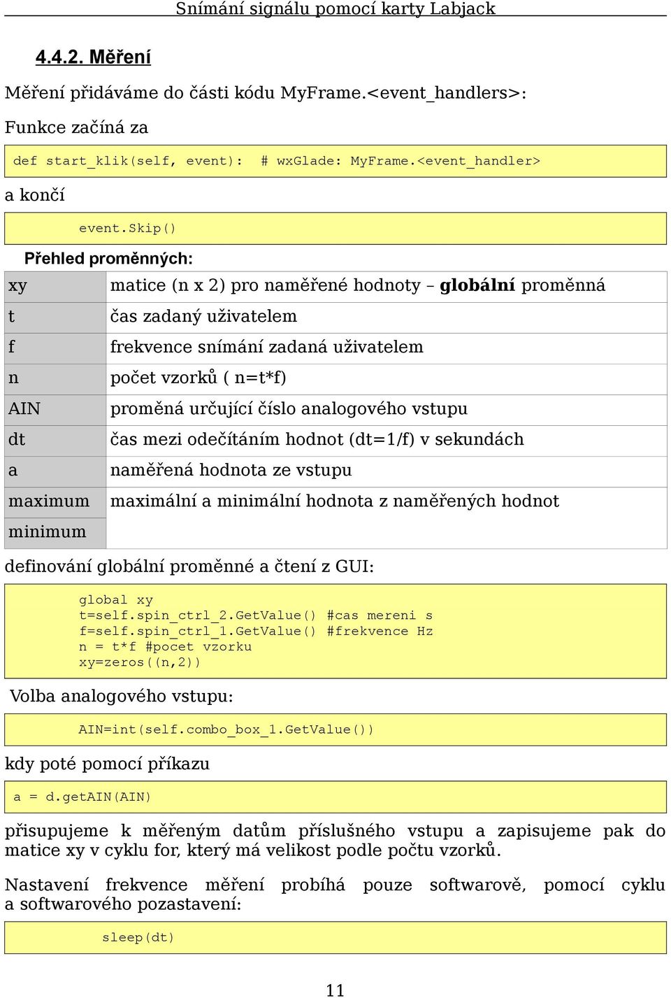 určující číslo analogového vstupu čas mezi odečítáním hodnot (dt=1/f) v sekundách naměřená hodnota ze vstupu maximální a minimální hodnota z naměřených hodnot definování globální proměnné a čtení z