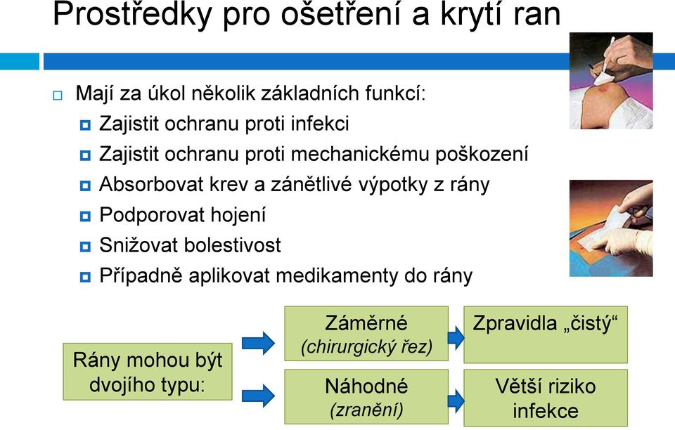 z rány Podporovat hojení Snižovat bolestivost Případně aplikovat medikamenty do rány Rány mohou