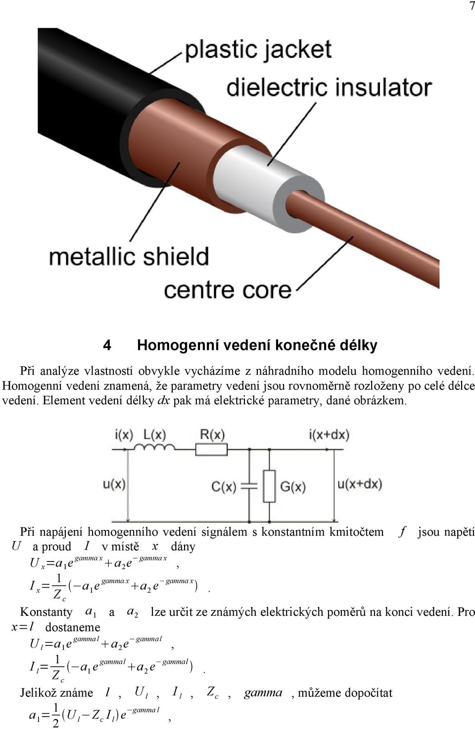 f jsou napětí U a proud I v místě x dány gamma x gamma x, U x =a 1 e a 2 e 1 I x = a 1 e gamma x a 2 e gamma x c Konstanty a 1 a a 2 lze určit ze známých elektrických poměrů