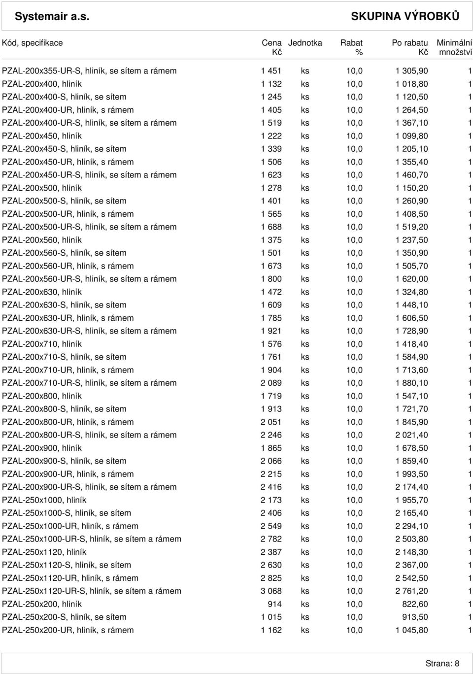 205,10 1 PZAL-200x450-UR, hliník, s rámem 1 506 ks 10,0 1 355,40 1 PZAL-200x450-UR-S, hliník, se sítem a rámem 1 623 ks 10,0 1 460,70 1 PZAL-200x500, hliník 1 278 ks 10,0 1 150,20 1 PZAL-200x500-S,