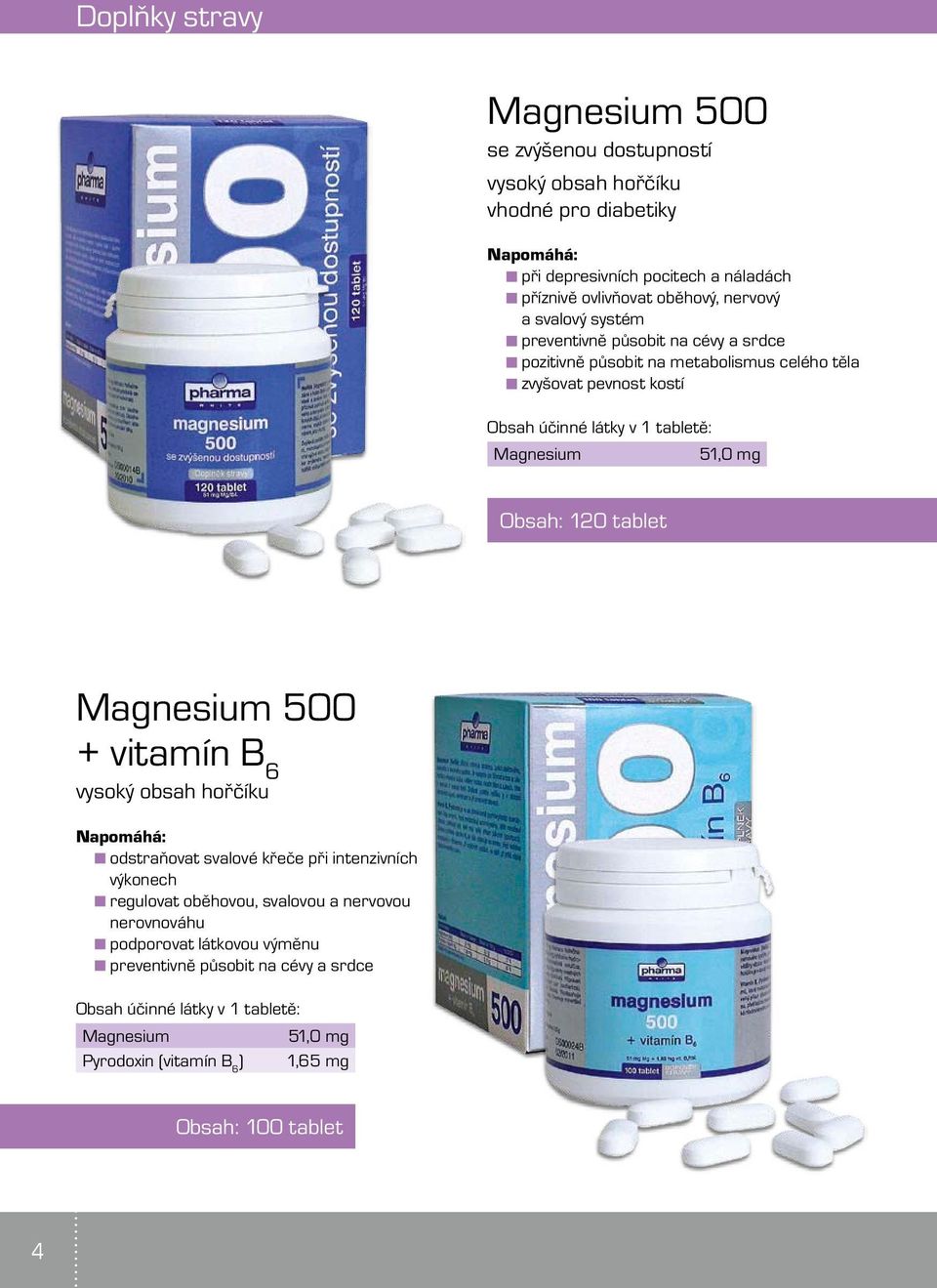 kostí Magnesium 51,0 mg Obsah: 120 tablet Magnesium 500 + vitamín B 6 vysoký obsah hořčíku odstraňovat svalové křeče při intenzivních výkonech