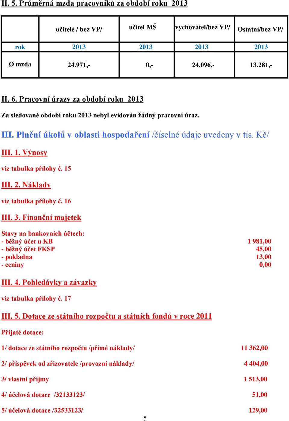 Výnosy viz tabulka přílohy č. 15 III. 2. Náklady viz tabulka přílohy č. 16 III. 3.