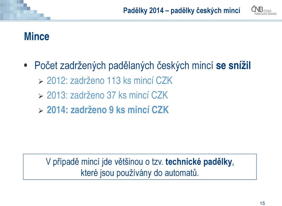 zadrženo 37 ks mincí CZK 2014: zadrženo 9 ks mincí CZK V případě