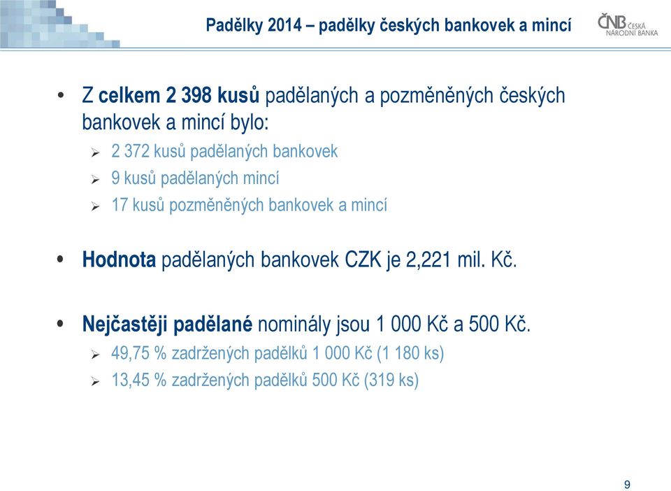 bankovek a mincí Hodnota padělaných bankovek CZK je 2,221 mil. Kč.