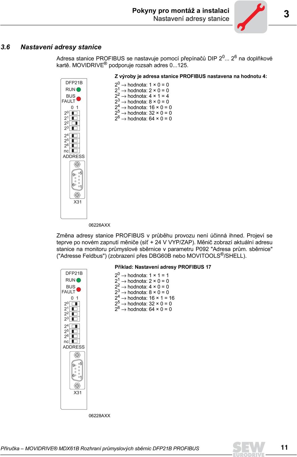 DFP21B RUN BUS FAULT 1 2 21 22 23 4 2 25 26 nc ADDRESS Z výroby je adresa stanice PROFBUS nastavena na hodnotu 4: 2 hodnota: 1 = 2 1 hodnota: 2 = 2 2 hodnota: 4 1 = 4 2 3 hodnota: 8 = 2 4 hodnota: 16