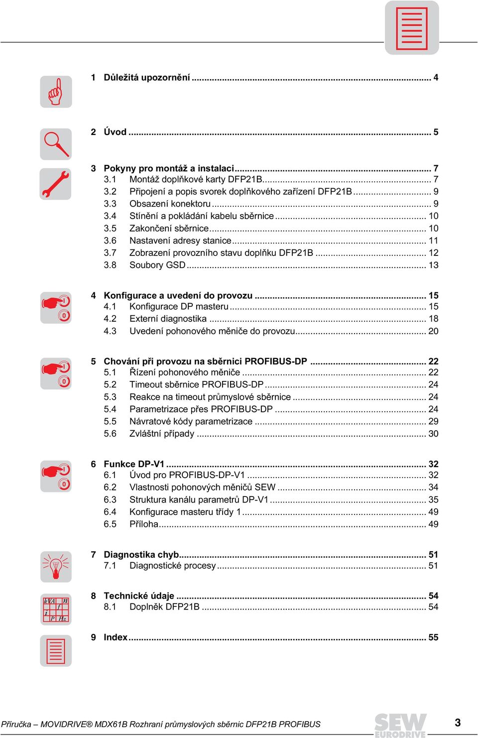 .. 13 4 Konfigurace a uvedení do provozu... 15 4.1 Konfigurace DP masteru... 15 4.2 Externí diagnostika... 18 4.3 Uvedení pohonového měniče do provozu... 2 5 Chování při provozu na sběrnici PROFBUS-DP.