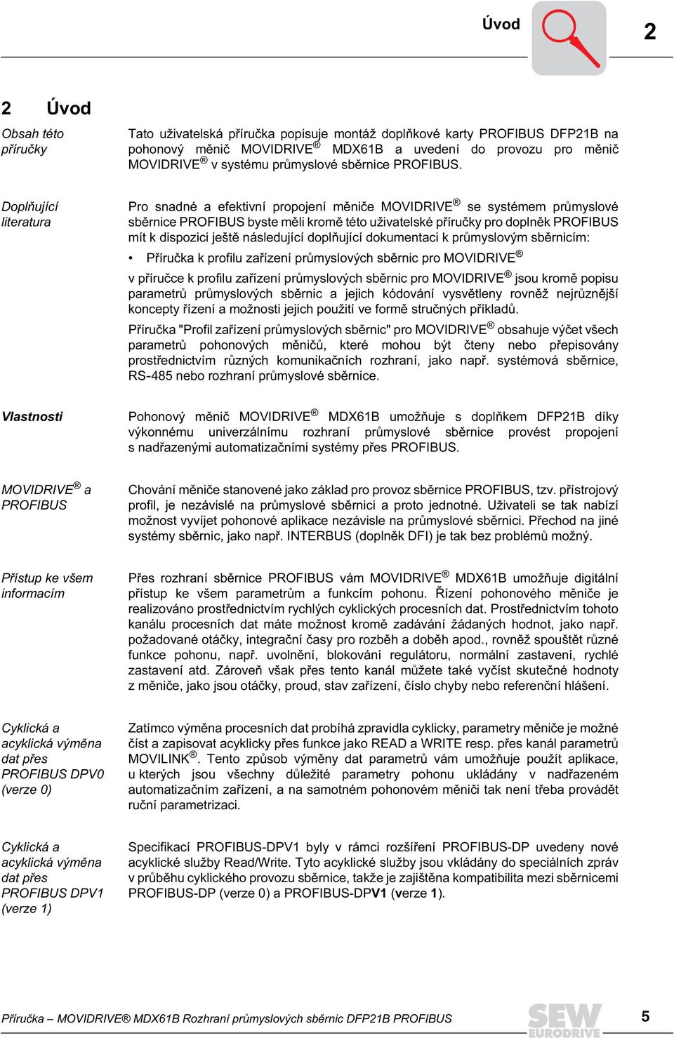 Doplňující literatura Pro snadné a efektivní propojení měniče MOVDRVE se systémem průmyslové sběrnice PROFBUS byste měli kromě této uživatelské příručky pro doplněk PROFBUS mít k dispozici ještě