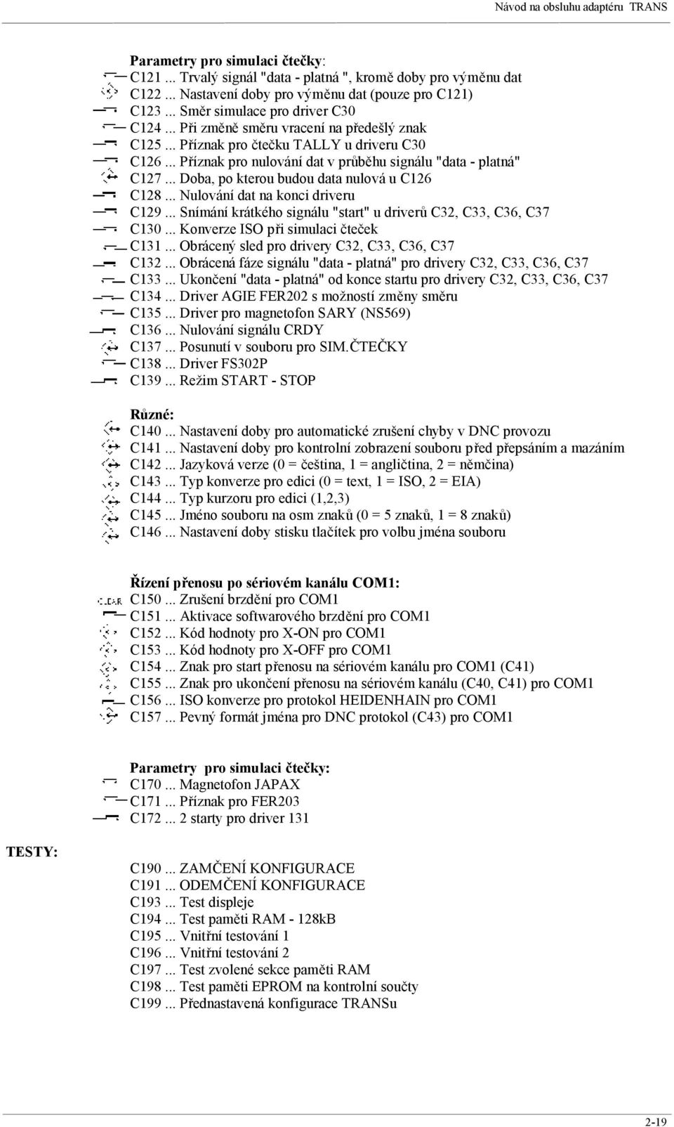 .. Doba, po kterou budou data nulová u C126 C128... Nulování dat na konci driveru C129... Snímání krátkého signálu "start" u driverů C32, C33, C36, C37 C130... Konverze ISO při simulaci čteček C131.