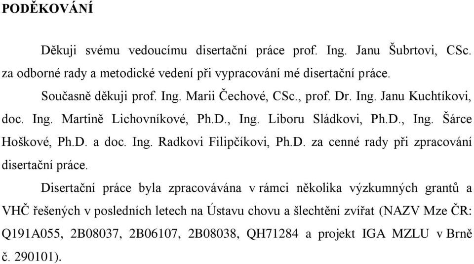 D. a doc. Ing. Radkovi Filipčíkovi, Ph.D. za cenné rady při zpracování disertační práce.