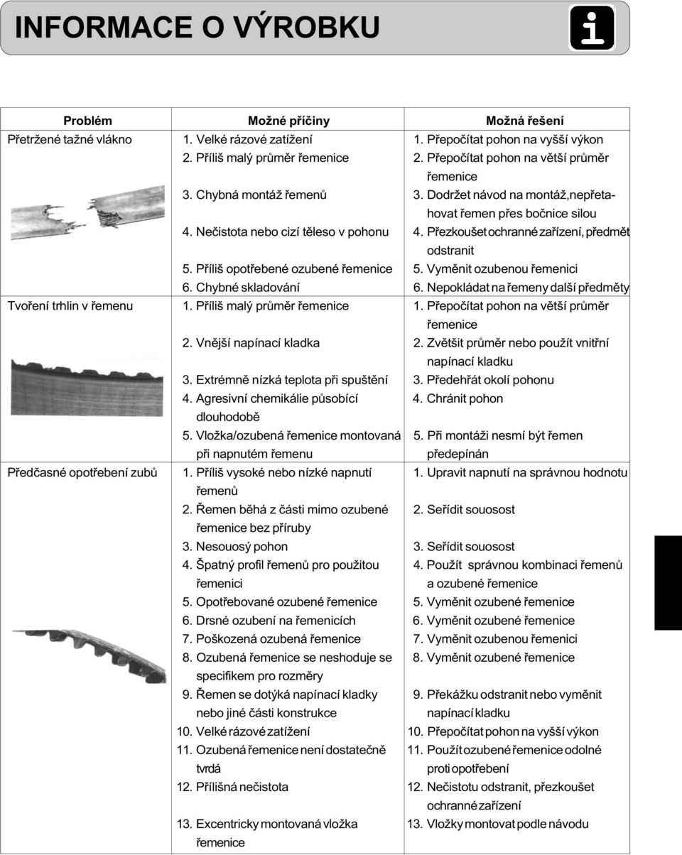 Přezkoušet ochranné zařízení, předmět odstranit 5. Příliš opotřebené ozubené řemenice 5. Vyměnit ozubenou řemenici 6. Chybné skladování 6.
