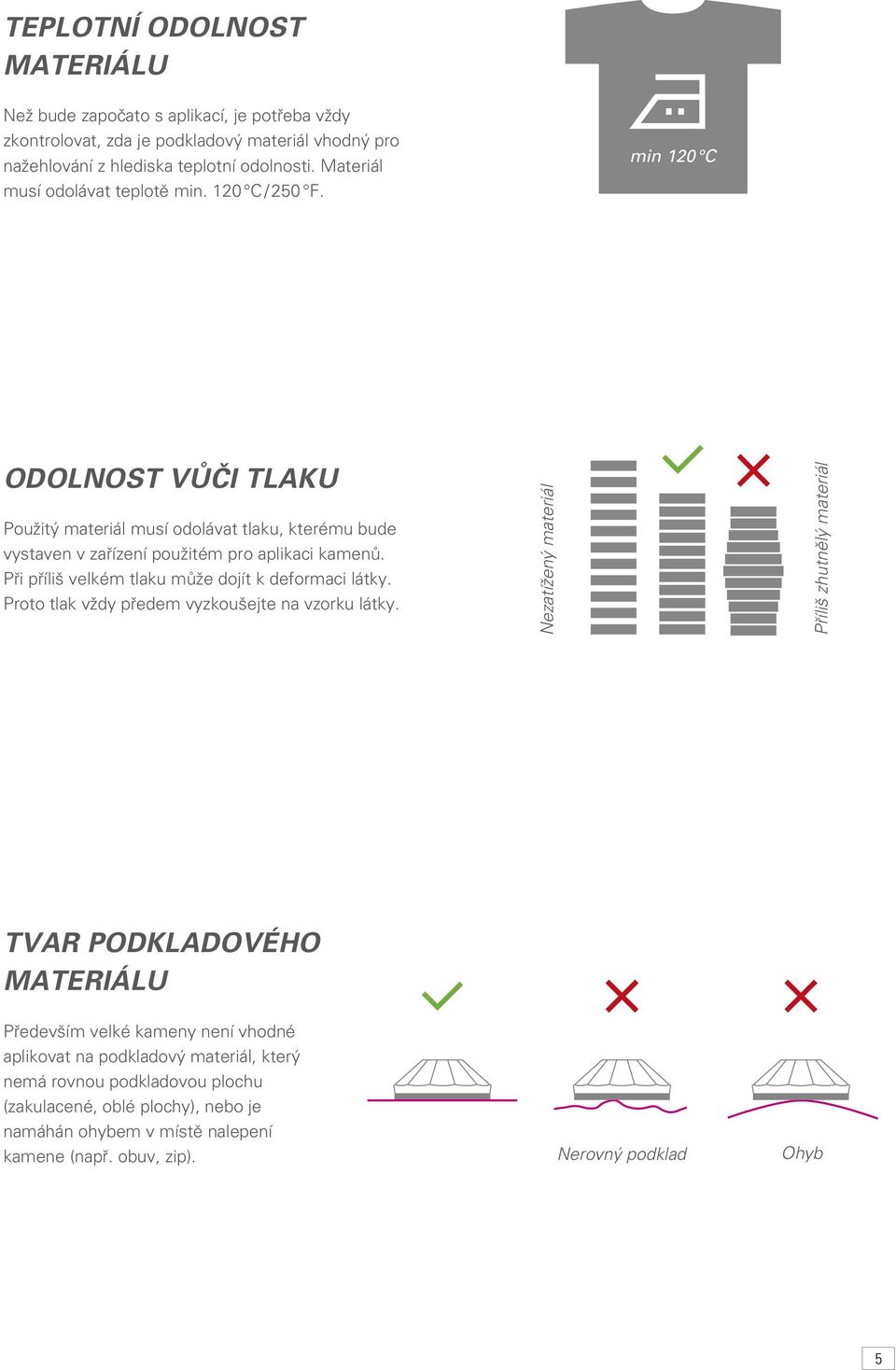 Při příliš velkém tlaku může dojít k deformaci látky. Proto tlak vždy předem vyzkoušejte na vzorku látky.