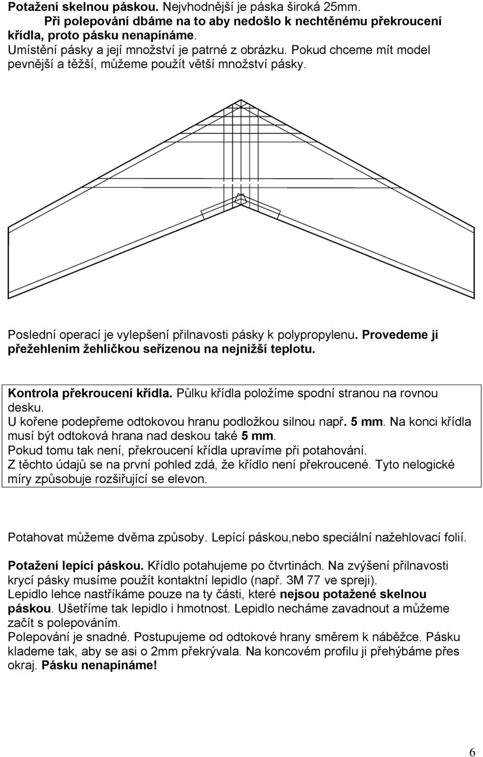 Provedeme ji přežehlením žehličkou seřízenou na nejnižší teplotu. Kontrola překroucení křídla. Půlku křídla položíme spodní stranou na rovnou desku.