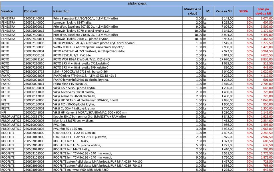 Excellent 507 EK Cu, (LEM507H níže) 9,00 ks 7 004,00 50% 3 502,00 FENESTRA 220505070015 Lemování k oknu 507H plochá krytina CU, 10,00 ks 2 345,00 50% 1 172,50 FENESTRA 220027400015 PrimaFen.