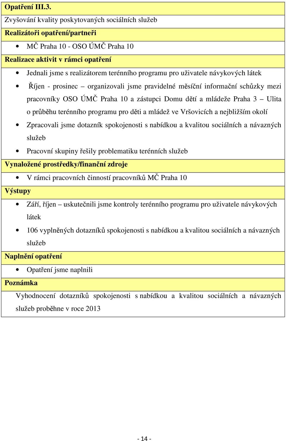 schůzky mezi pracovníky OSO ÚMČ Praha 10 a zástupci Domu dětí a mládeže Praha 3 Ulita o průběhu terénního programu pro děti a mládež ve Vršovicích a nejbližším okolí Zpracovali jsme dotazník
