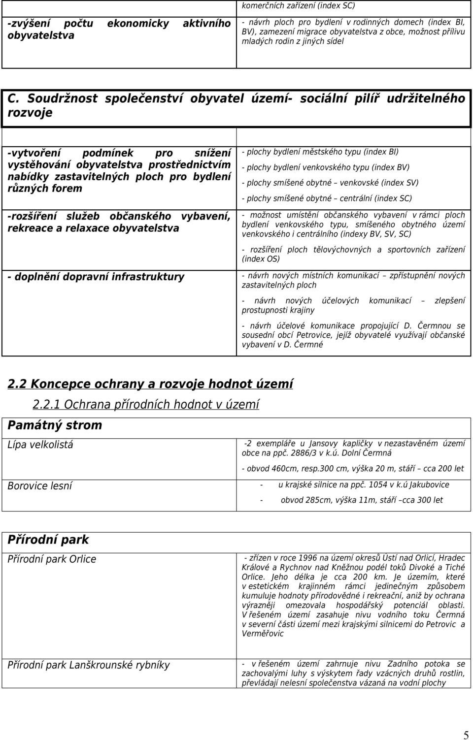 Soudržnost společenství obyvatel území- sociální pilíř udržitelného rozvoje -vytvoření podmínek pro snížení vystěhování obyvatelstva prostřednictvím nabídky zastavitelných ploch pro bydlení různých