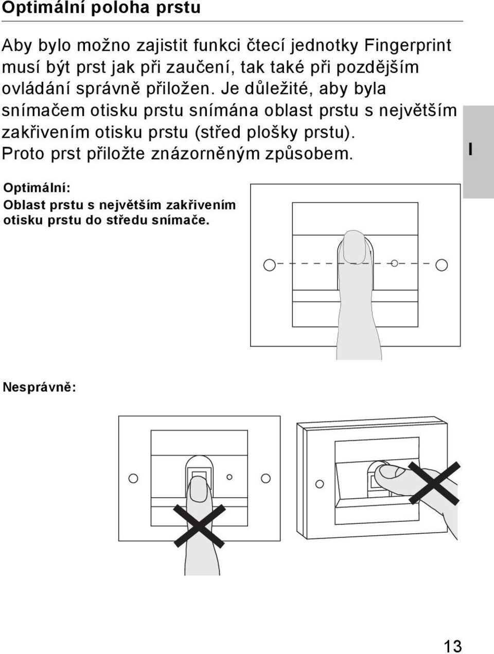 Je důležité, aby byla snímačem otisku prstu snímána oblast prstu s největším zakřivením otisku prstu