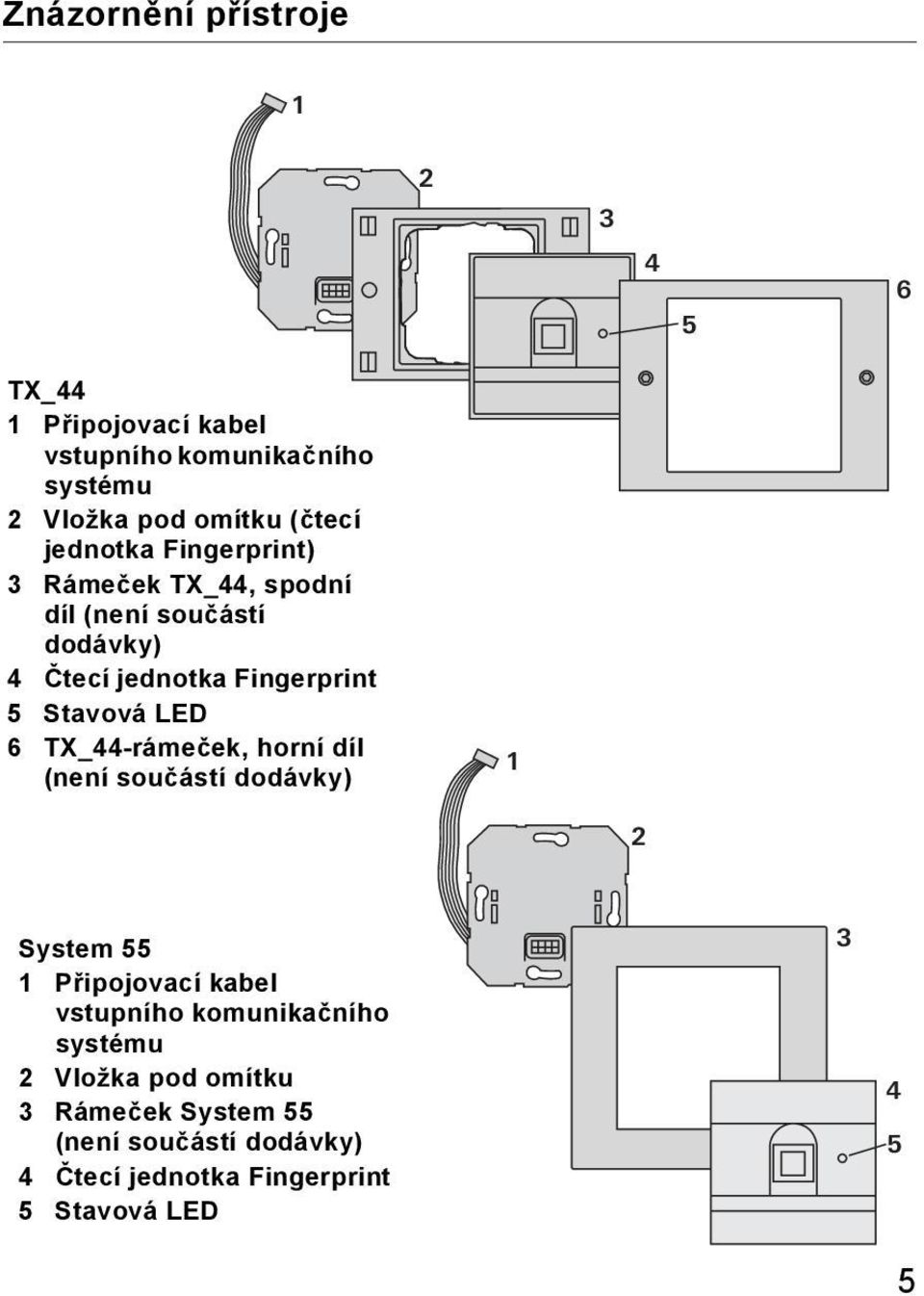 LED 6 TX_44-rámeček, horní díl (není součástí dodávky) 1 System 55 1 Připojovací kabel vstupního komunikačního