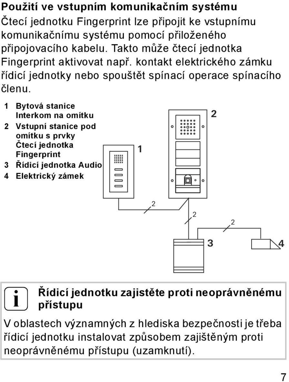 1 Bytová stanice Interkom na omítku Vstupní stanice pod omítku s prvky Čtecí jednotka Fingerprint 3 Řídicí jednotka Audio 4 Elektrický zámek 1 3 4 i Řídicí