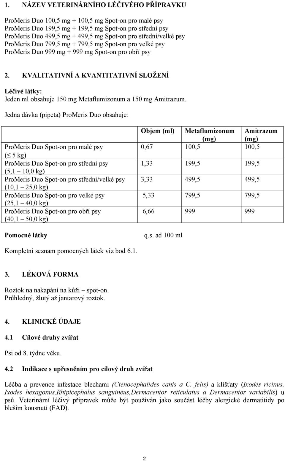 KVALITATIVNÍ A KVANTITATIVNÍ SLOŽENÍ Léčivé látky: Jeden ml obsahuje 150 mg Metaflumizonum a 150 mg Amitrazum.