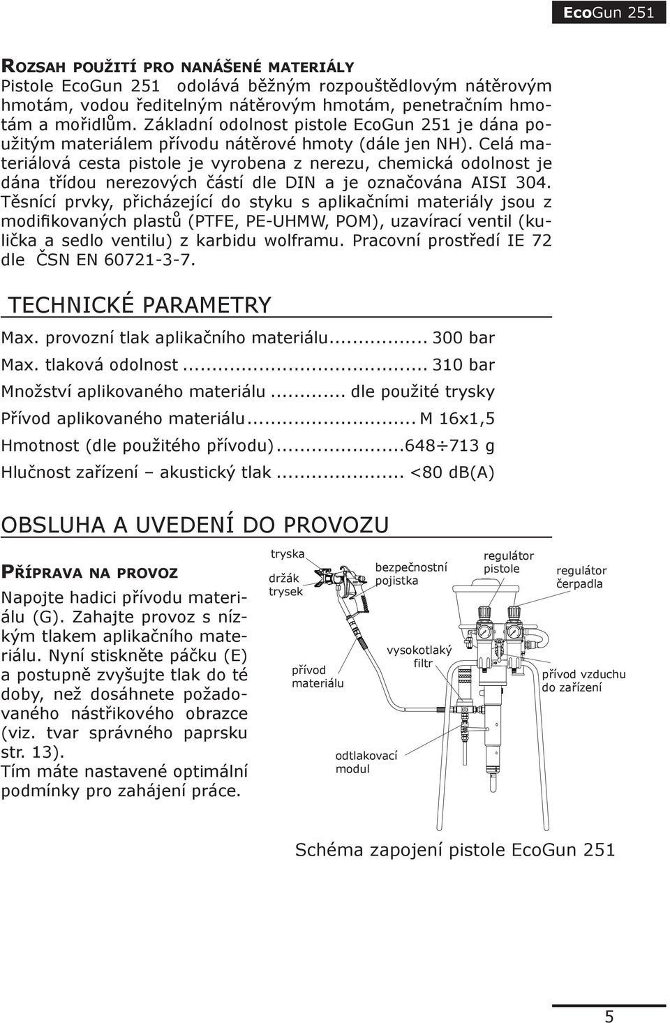 Celá materiálová cesta pistole je vyrobena z nerezu, chemická odolnost je dána třídou nerezových částí dle DIN a je označována AISI 304.