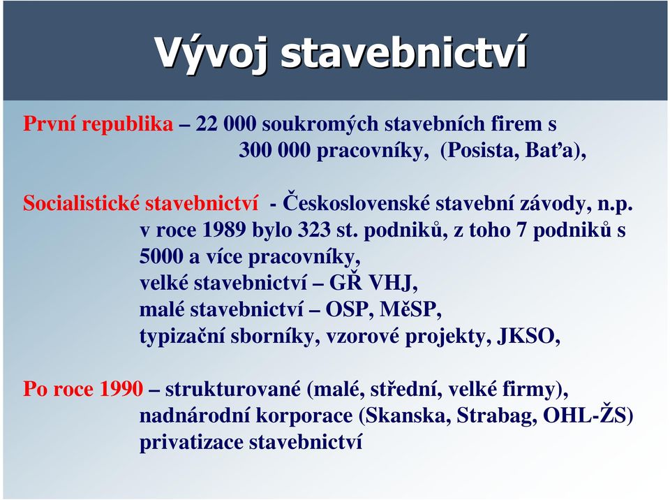 podniků, z toho 7 podniků s 5000 a více pracovníky, velké stavebnictví GŘ VHJ, malé stavebnictví OSP, MěSP, typizační