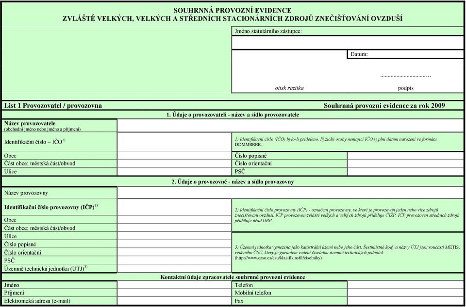 Údaje o provozovateli - název a sídlo provozovatele Identifikační číslo IČO 1) Obec Část obce; městská část/obvod Ulice 1) Identifikační číslo (IČO) bylo-li přiděleno.