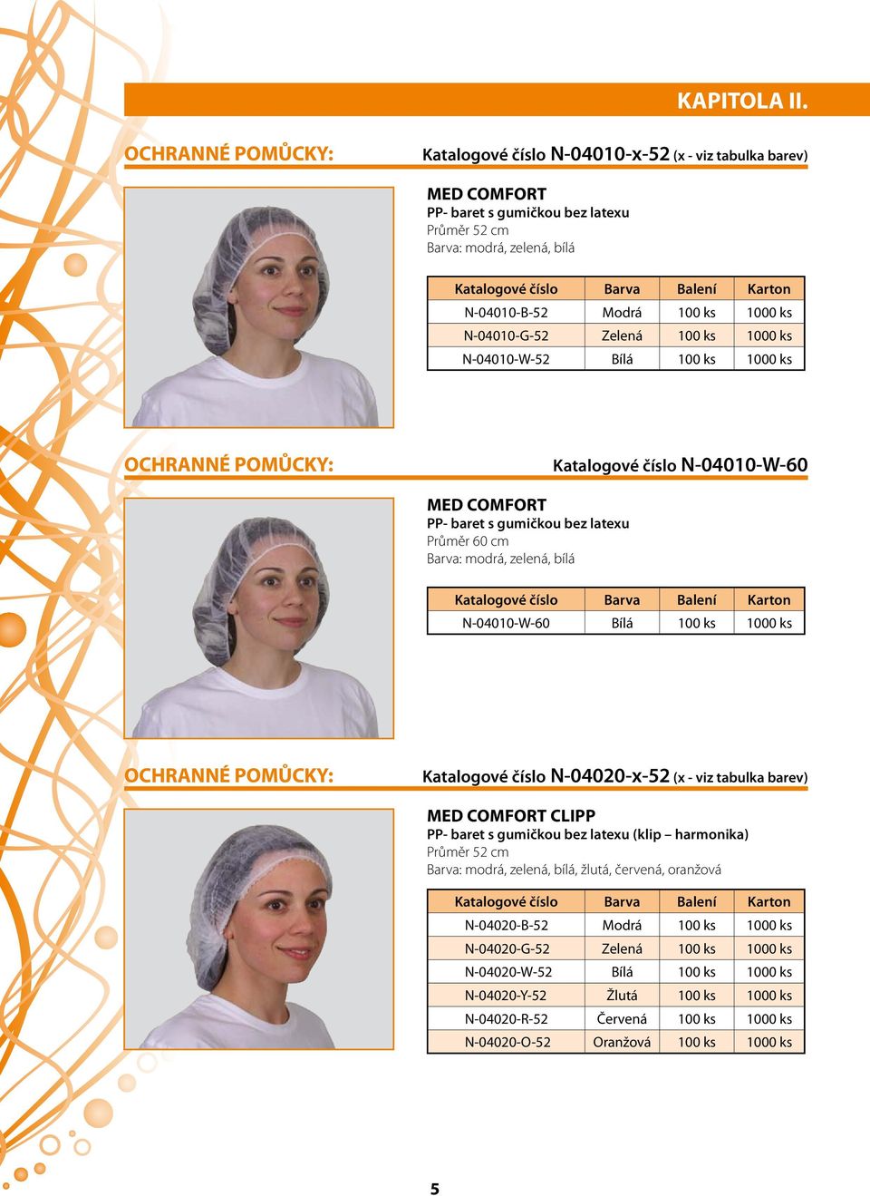 bílá Katalogové číslo Barva Balení Karton N-04010-W-60 Bílá 100 ks 1000 ks OCHRANNÉ POMŮCKY: Katalogové číslo N-04020-x-52 (x - viz tabulka barev) CLIPP PP- baret s gumičkou bez latexu (klip