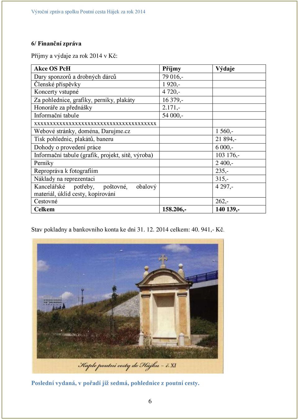 cz 1 560,- Tisk pohlednic, plakátů, baneru 21 894,- Dohody o provedení práce 6 000,- Informační tabule (grafik, projekt, sítě, výroba) 103 176,- Perníky 2 400,- Repropráva k fotografiím 235,- Náklady