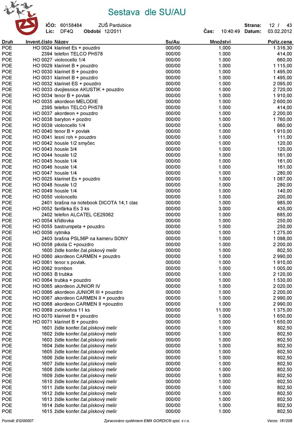 000 1 495,00 POE HO 0032 klarinet ES + pouzdro 000/00 1.000 2 095,00 POE HO 0033 dvojlesnice AKUSTIK + pouzdro 000/00 1.000 2 720,00 POE HO 0034 tenor B + povlak 000/00 1.